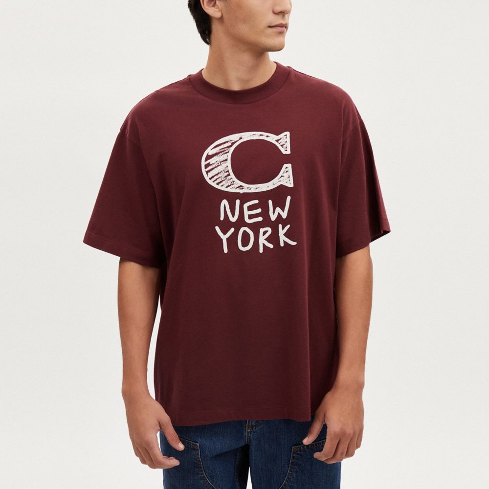 COACH®,Signature T Shirt In Organic Cotton,Cotton,T Shirt,Logo,Word Embellishment,Casual,Maroon,Detail View