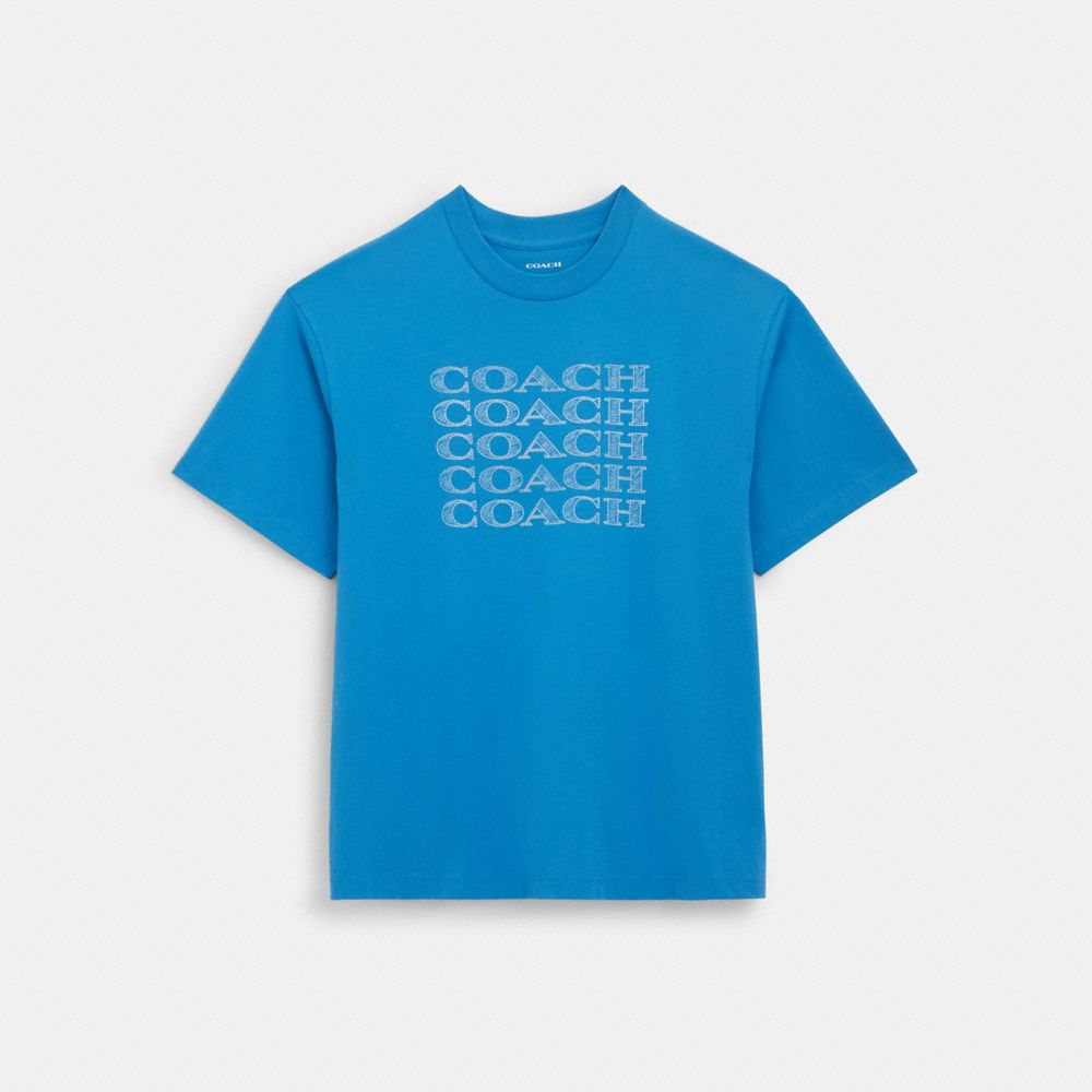 COACH®,SIGNATURE STACK T-SHIRT,cotton,Bright Blue,Front View