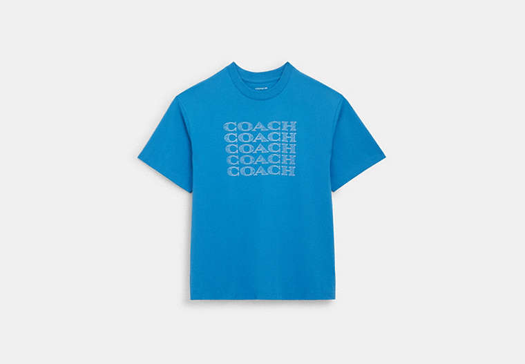 COACH®,SIGNATURE STACK T-SHIRT,cotton,Bright Blue,Front View image number 0