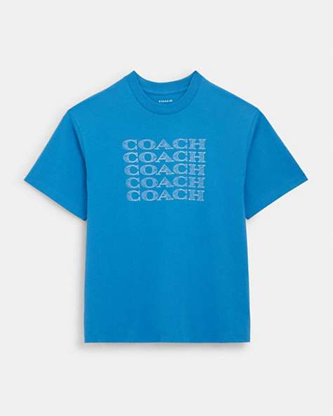 COACH®,SIGNATURE STACK T-SHIRT,cotton,Bright Blue,Front View