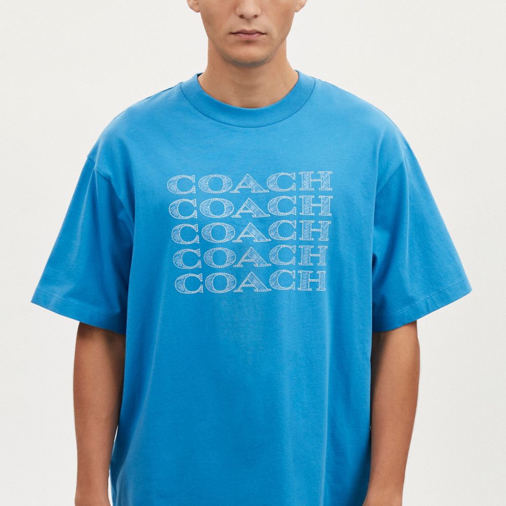 COACH®,Signature Stack T Shirt,Cotton,T Shirt,Logo,Casual,Blue,Detail View