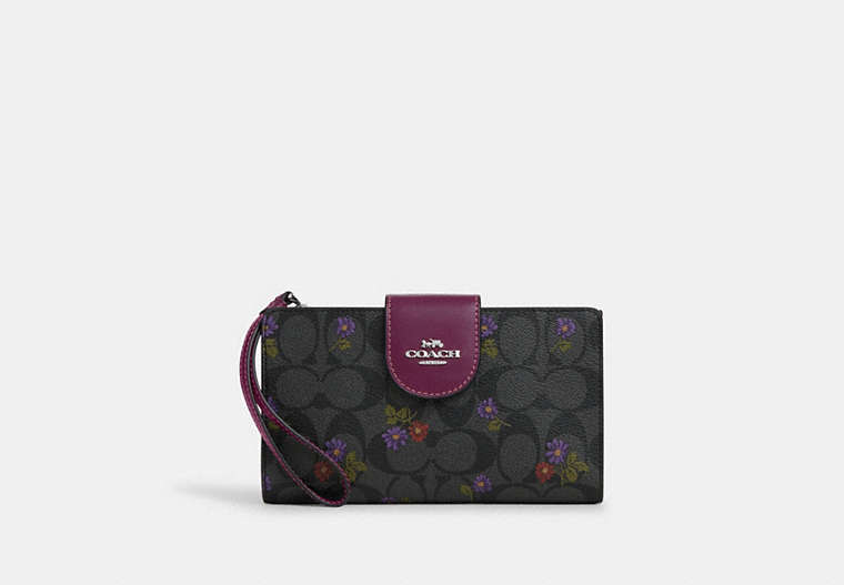 COACH®,PHONE WALLET IN SIGNATURE CANVAS WITH COUNTRY FLORAL PRINT,Mixed Material,Silver/Graphite/Deep Berry,Front View