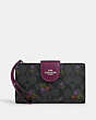 COACH®,PHONE WALLET IN SIGNATURE CANVAS WITH COUNTRY FLORAL PRINT,Mixed Material,Silver/Graphite/Deep Berry,Front View
