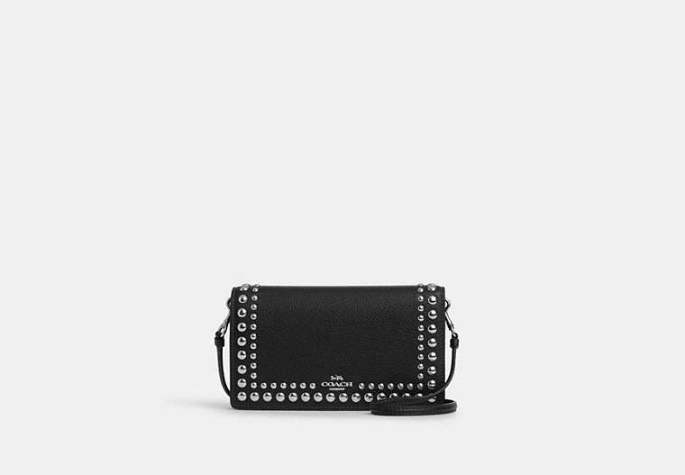 COACH®,ANNA FOLDOVER CLUTCH CROSSBODY WITH RIVETS,Mixed Material,Silver/Black,Front View image number 0