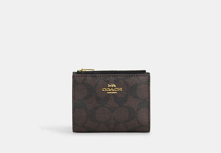 COACH®,BIFOLD WALLET IN SIGNATURE CANVAS,pvc,Medium,Gold/Brown Black,Front View