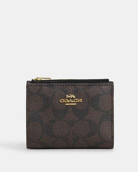 COACH®,BIFOLD WALLET IN SIGNATURE CANVAS,pvc,Gold/Brown Black,Front View