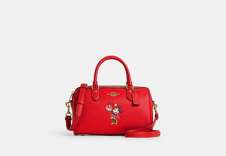 COACH®,DISNEY X COACH ROWAN SATCHEL WITH MINNIE MOUSE,Leather,Medium,Brass/Electric Red Multi,Front View