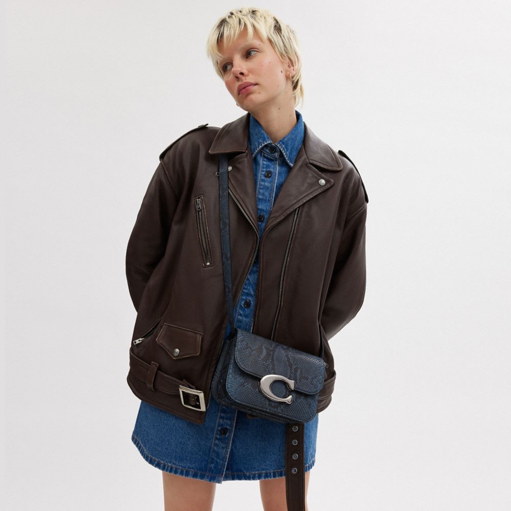 COACH®,Idol Bag In Python,Leather,Shoulder Bag,Metal,Logo,Gold Metal,Day Party,Navy,Detail View