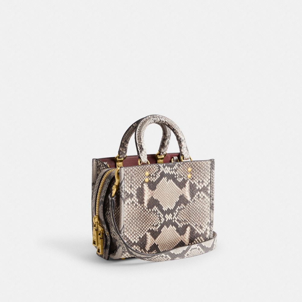 COACH®,ROGUE 20 IN PYTHON,Snakeskin Leather,Small,Brass/Chalk,Angle View