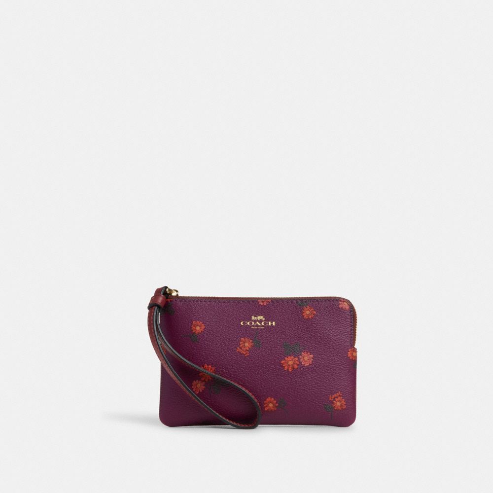 COACH®,CORNER ZIP WRISTLET WITH COUNTRY FLORAL PRINT,Mixed Material,Mini,Gold/Deep Berry Multi,Front View