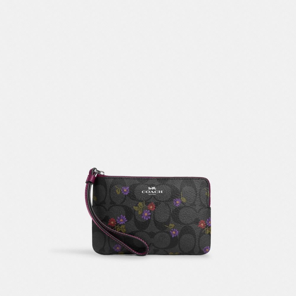 COACH®,CORNER ZIP WRISTLET IN SIGNATURE CANVAS WITH COUNTRY FLORAL PRINT,Mixed Material,Mini,Silver/Graphite/Deep Berry,Front View