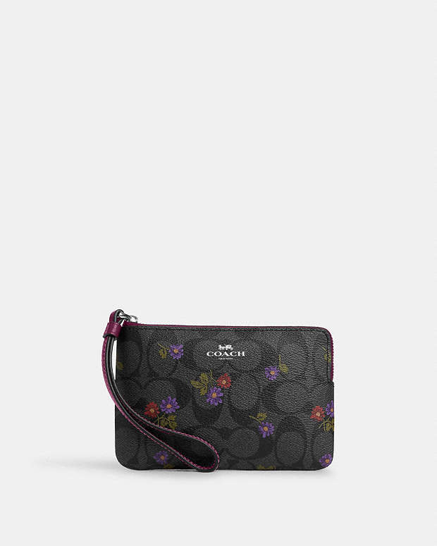 Corner Zip Wristlet In Signature Canvas With Country Floral Print