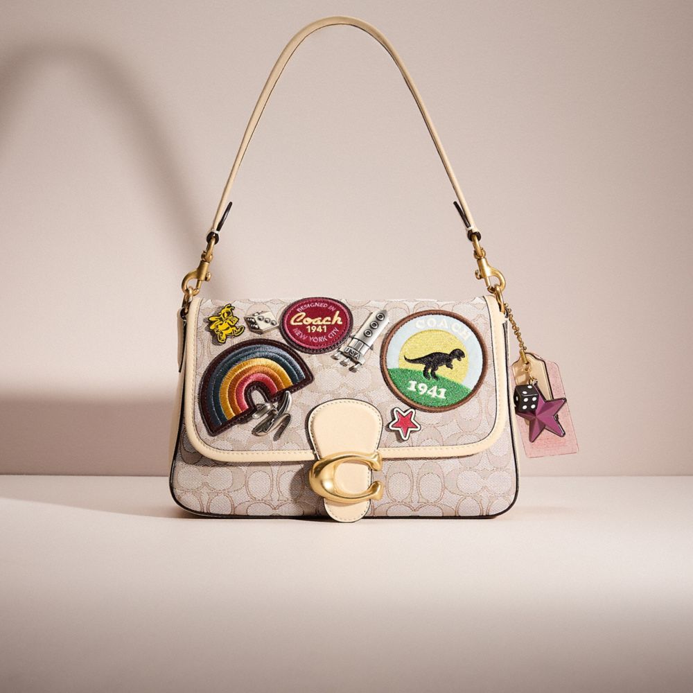 COACH®,UPCRAFTED SOFT TABBY SHOULDER BAG IN SIGNATURE JACQUARD,Brass/Stone Ivory,Front View