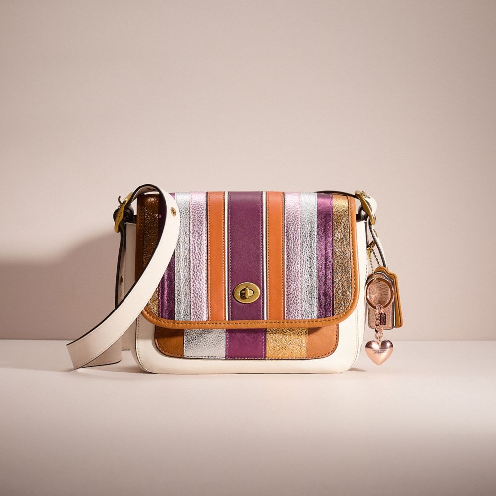 COACH®,UPCRAFTED RAMBLER CROSSBODY WITH VARSITY STRIPE,Glovetanned Leather,Brass/Chalk Multi,Front View