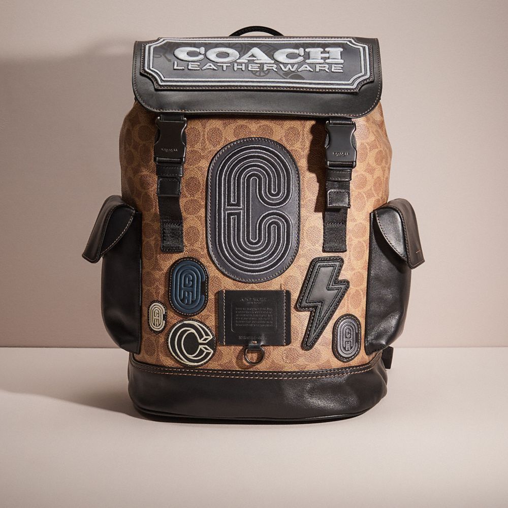 COACH®,UPCRAFTED RIVINGTON BACKPACK IN SIGNATURE CANVAS,Black Copper/Khaki,Front View