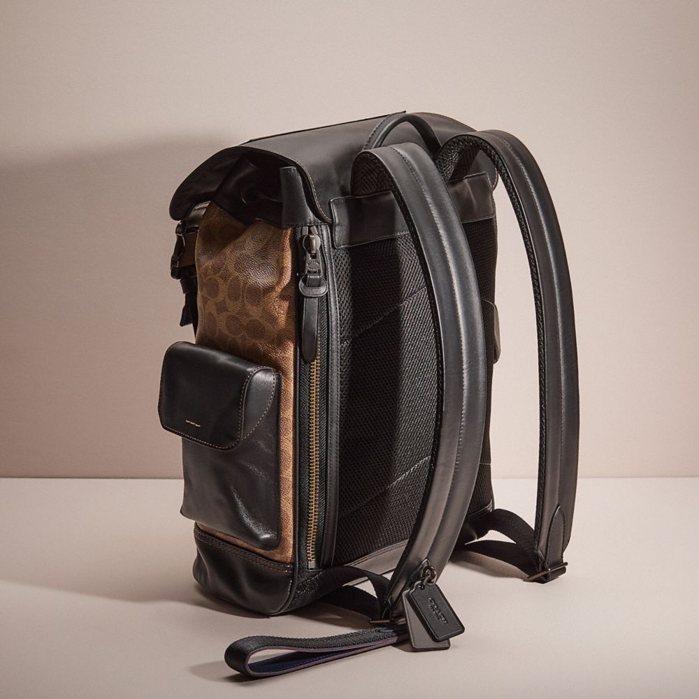 COACH®,UPCRAFTED RIVINGTON BACKPACK IN SIGNATURE CANVAS,Black Copper/Khaki,Angle View