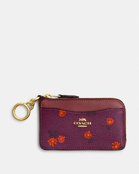 COACH®,MULTIFUNCTION CARD CASE WITH COUNTRY FLORAL PRINT,Mixed Material,Mini,Gold/Deep Berry Multi,Front View