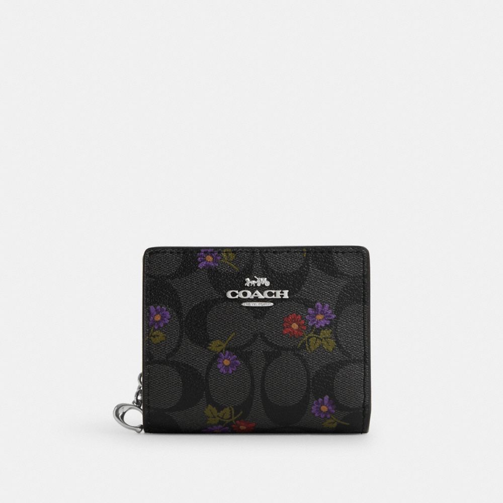 COACH®,SNAP WALLET IN SIGNATURE CANVAS WITH COUNTRY FLORAL PRINT,Signature Canvas,Mini,Silver/Graphite/Deep Berry,Front View