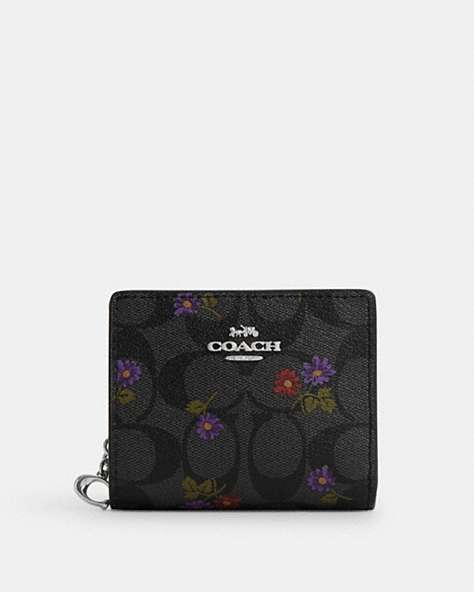 COACH®,SNAP WALLET IN SIGNATURE CANVAS WITH COUNTRY FLORAL PRINT,Mixed Material,Silver/Graphite/Deep Berry,Front View