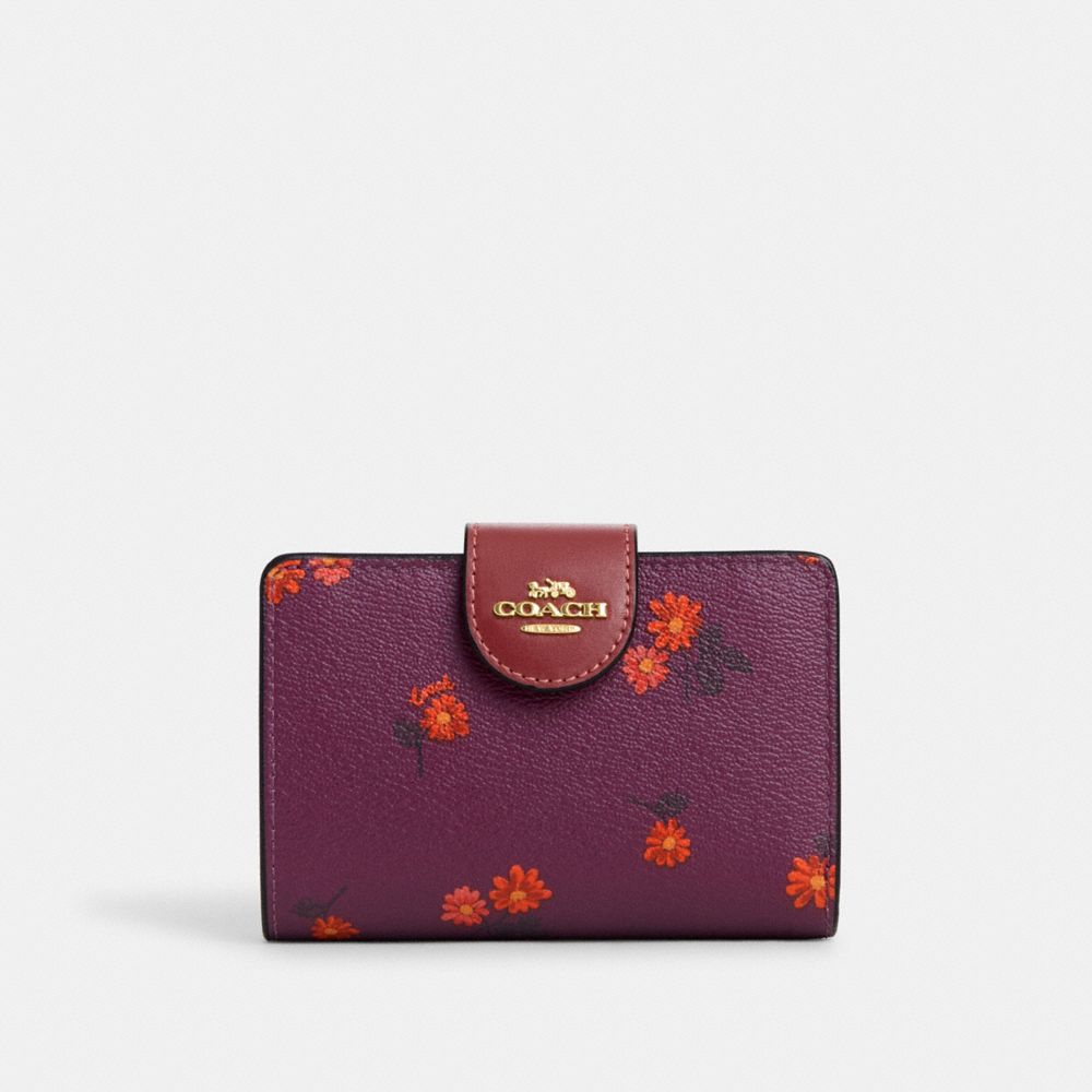 COACH®,MEDIUM CORNER ZIP WALLET WITH COUNTRY FLORAL PRINT,Mixed Material,Mini,Gold/Deep Berry Multi,Front View