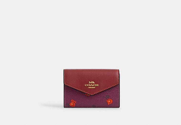 COACH®,FLAP CARD CASE WITH COUNTRY FLORAL PRINT,Mixed Material,Gold/Deep Berry Multi,Front View