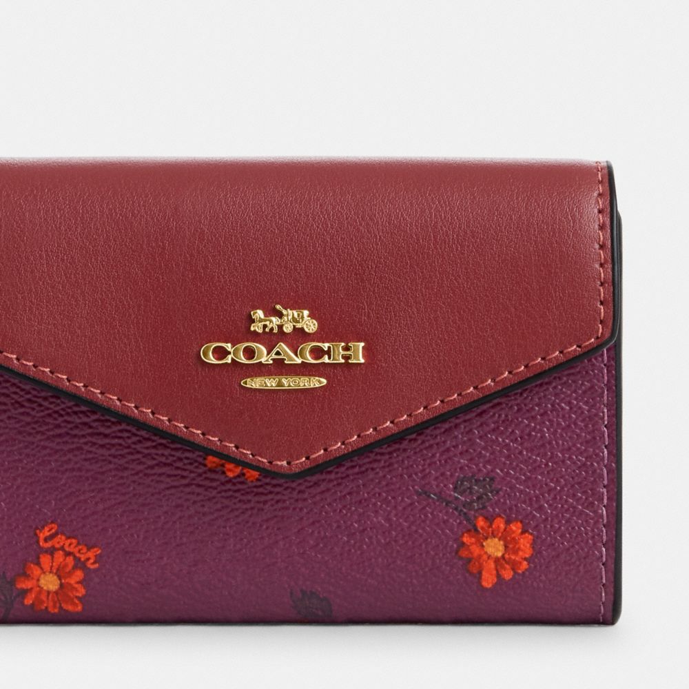 COACH®,FLAP CARD CASE WITH COUNTRY FLORAL PRINT,Novelty Print,Mini,Gold/Deep Berry Multi