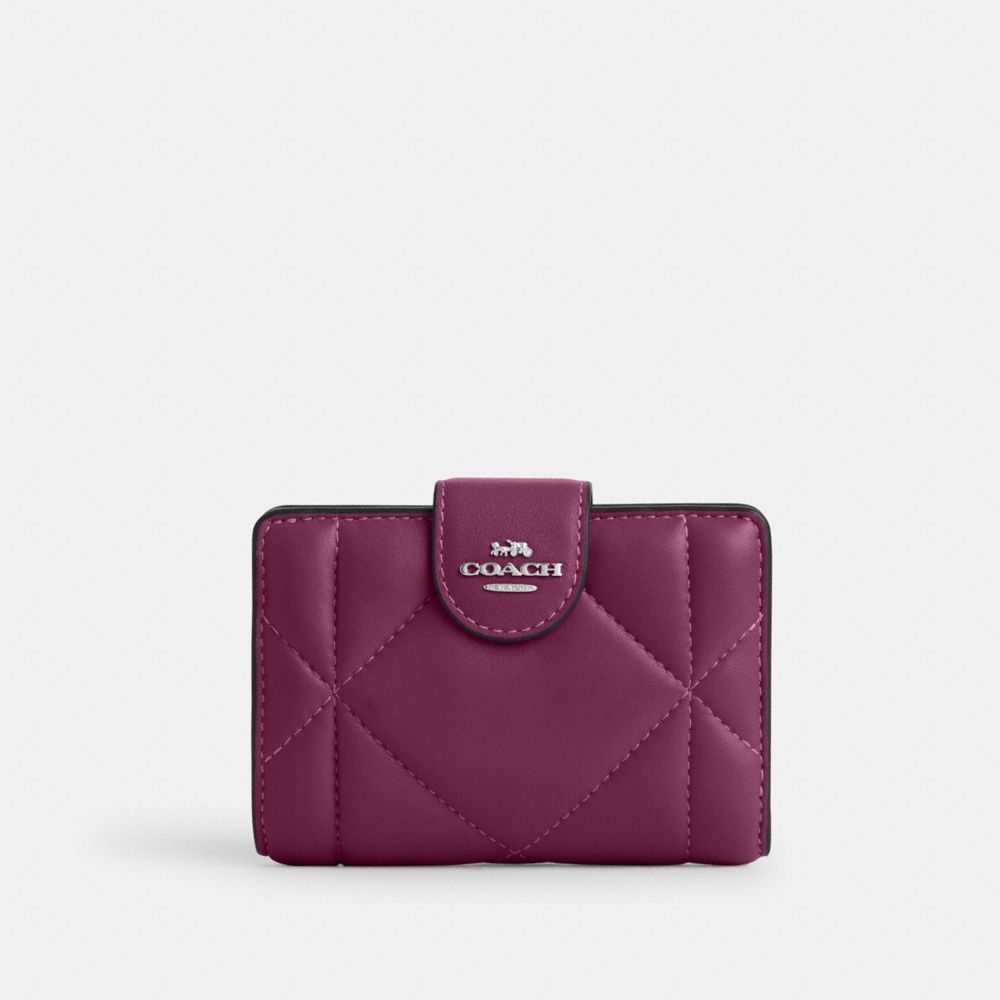 COACH®,MEDIUM CORNER ZIP WALLET WITH PUFFY DIAMOND QUILTING,Novelty Leather,Mini,Silver/Deep Berry,Front View