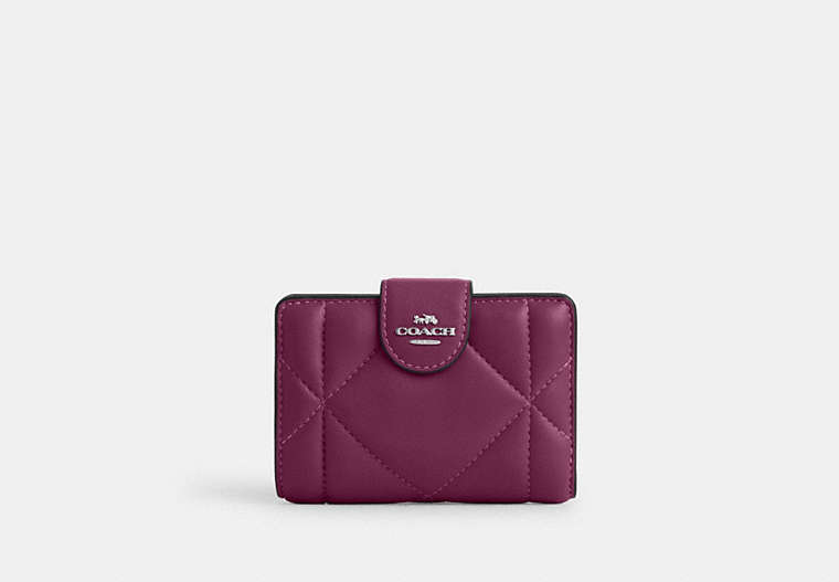 COACH®,MEDIUM CORNER ZIP WALLET WITH PUFFY DIAMOND QUILTING,Leather,Mini,Silver/Deep Berry,Front View