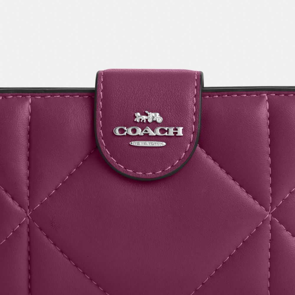 COACH®,MEDIUM CORNER ZIP WALLET WITH PUFFY DIAMOND QUILTING,Novelty Leather,Mini,Silver/Deep Berry