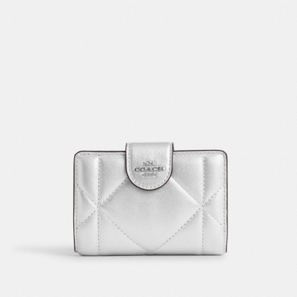 COACH®,MEDIUM CORNER ZIP WALLET IN SILVER METALLIC WITH PUFFY DIAMOND QUILTING,Novelty Leather,Mini,Silver/Metallic Silver,Front View