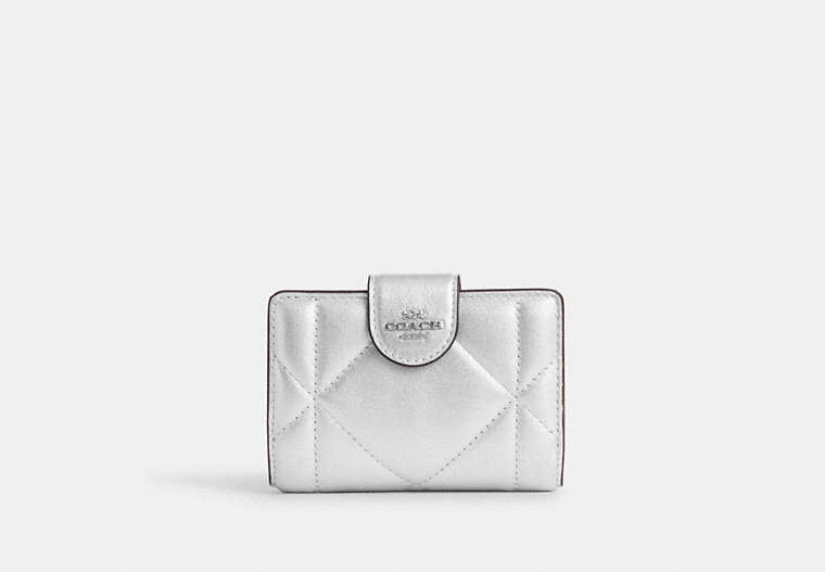 COACH®,MEDIUM CORNER ZIP WALLET IN SILVER METALLIC WITH PUFFY DIAMOND QUILTING,Leather,Mini,Silver/Metallic Silver,Front View