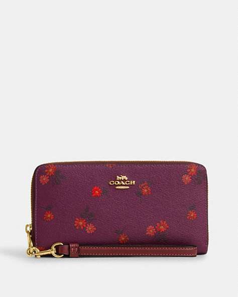 COACH®,LONG ZIP AROUND WALLET WITH COUNTRY FLORAL PRINT,Mixed Material,Mini,Gold/Deep Berry Multi,Front View