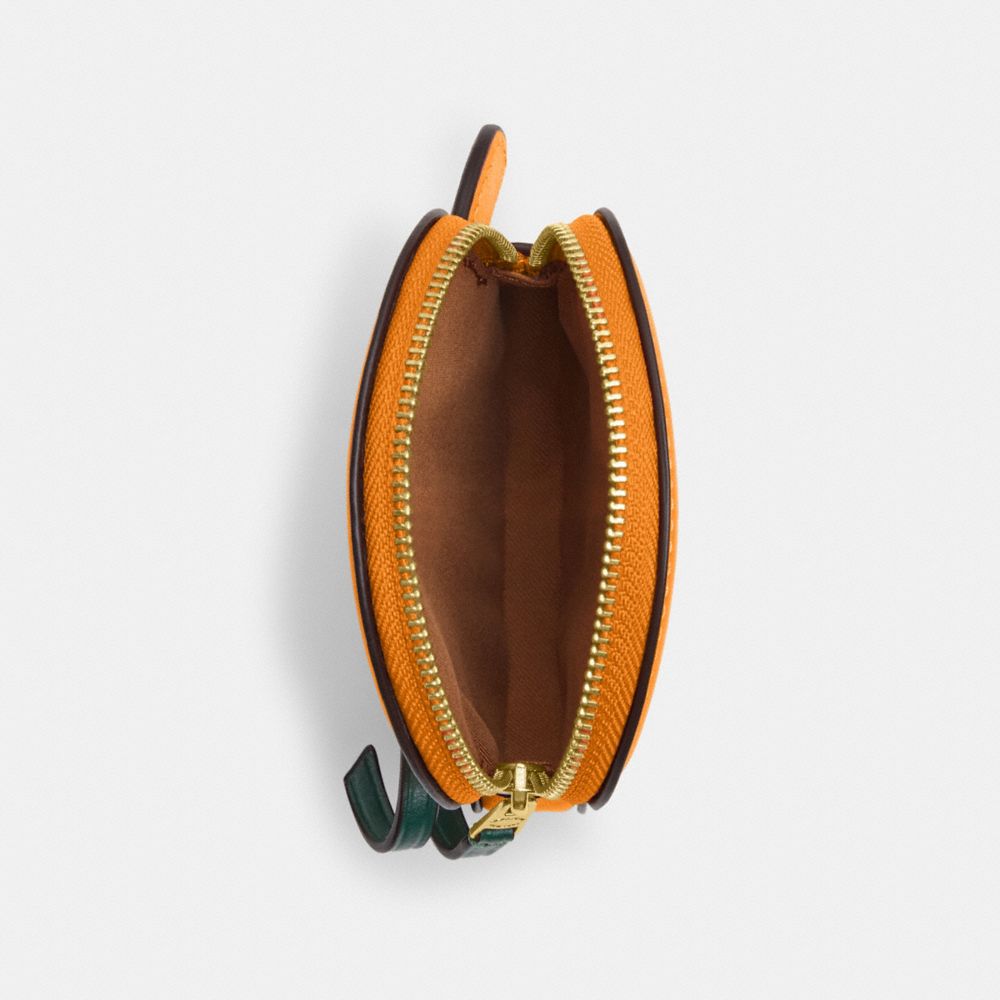 COACH®,PUMPKIN COIN CASE,Smooth Leather,Mini,Gold/Orange,Inside View,Top View
