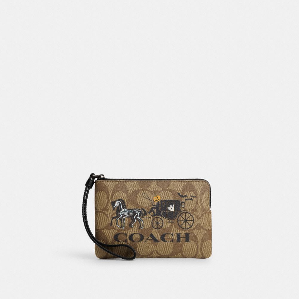 COACH®  Corner Zip Wristlet In Signature Canvas With Halloween Horse And  Carriage