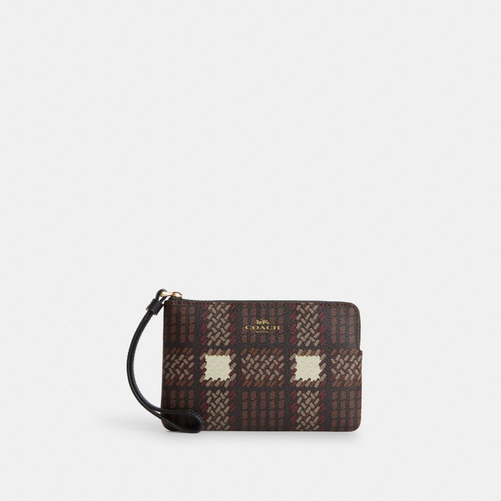COACH®,CORNER ZIP WRISTLET WITH BRUSHED PLAID PRINT,Novelty Print,Mini,Gold/Brown Multi,Front View