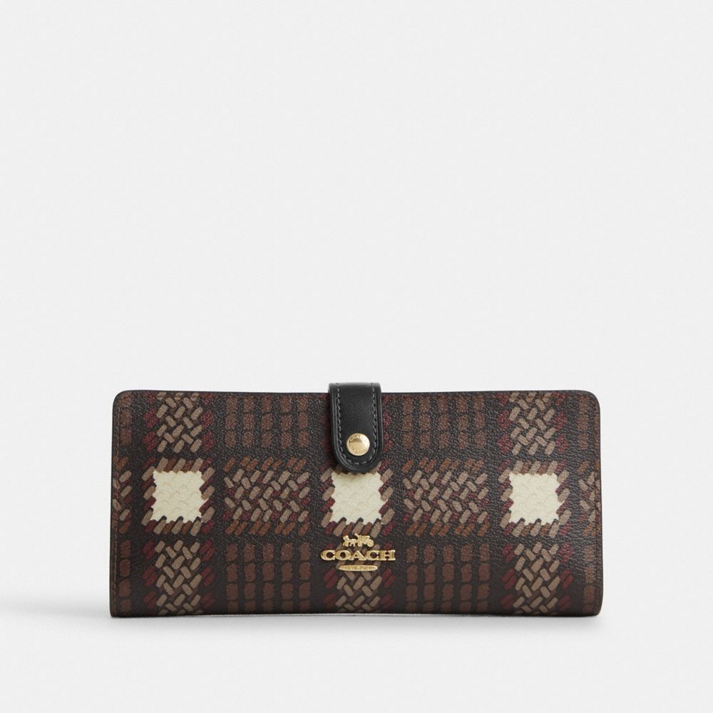 COACH®,SLIM WALLET WITH BRUSHED PLAID PRINT,Novelty Print,Mini,Gold/Brown Multi,Front View