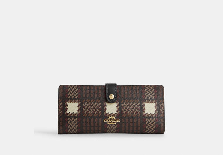 COACH®,SLIM WALLET WITH BRUSHED PLAID PRINT,Coated Canvas,Gold/Brown Multi,Front View