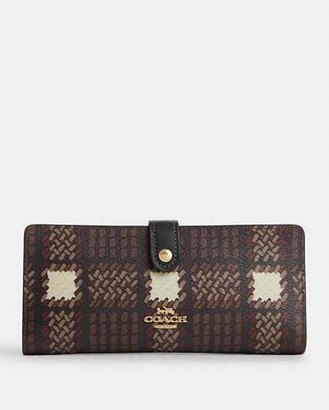 COACH®,SLIM WALLET WITH BRUSHED PLAID PRINT,Coated Canvas,Mini,Gold/Brown Multi,Front View