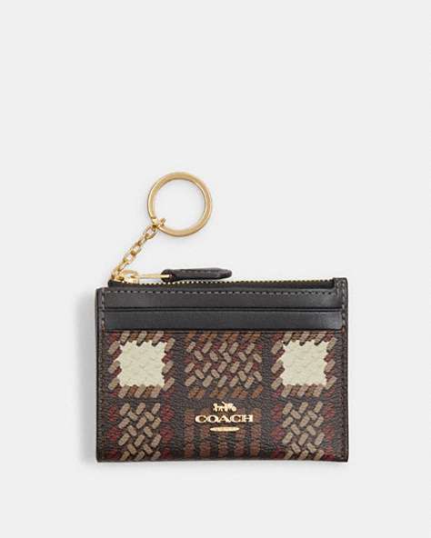 COACH®,MINI SKINNY ID CASE WITH BRUSHED PLAID PRINT,Coated Canvas,Gold/Brown Multi,Front View