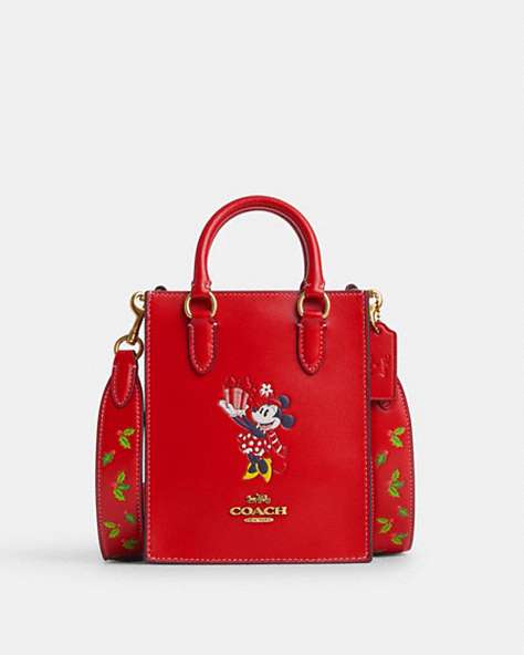 COACH®,DISNEY X COACH NORTH SOUTH MINI TOTE WITH MINNIE MOUSE,Leather,Mini,Brass/Electric Red Multi,Front View