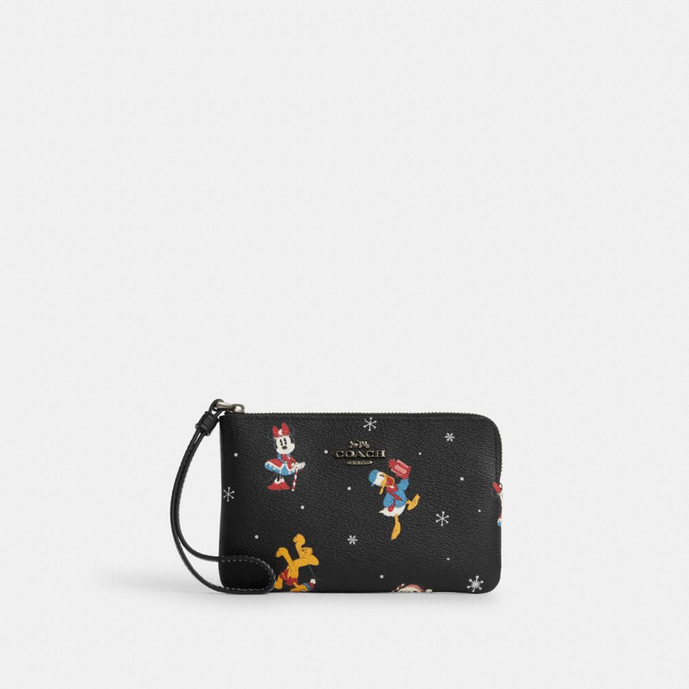 Disney X Coach Corner Zip Wristlet With Holiday Print