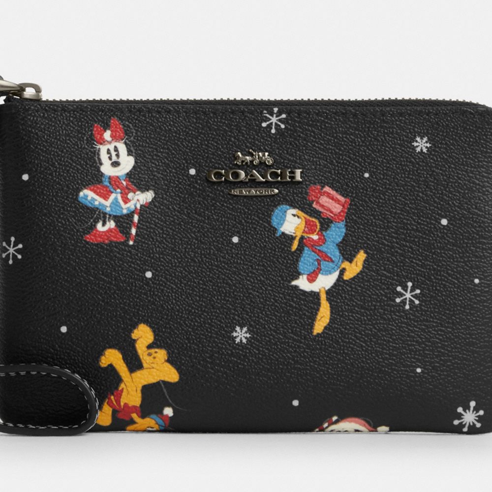 COACH®,DISNEY X COACH CORNER ZIP WRISTLET WITH HOLIDAY PRINT,Novelty Print,Mini,Gunmetal/Black Multi