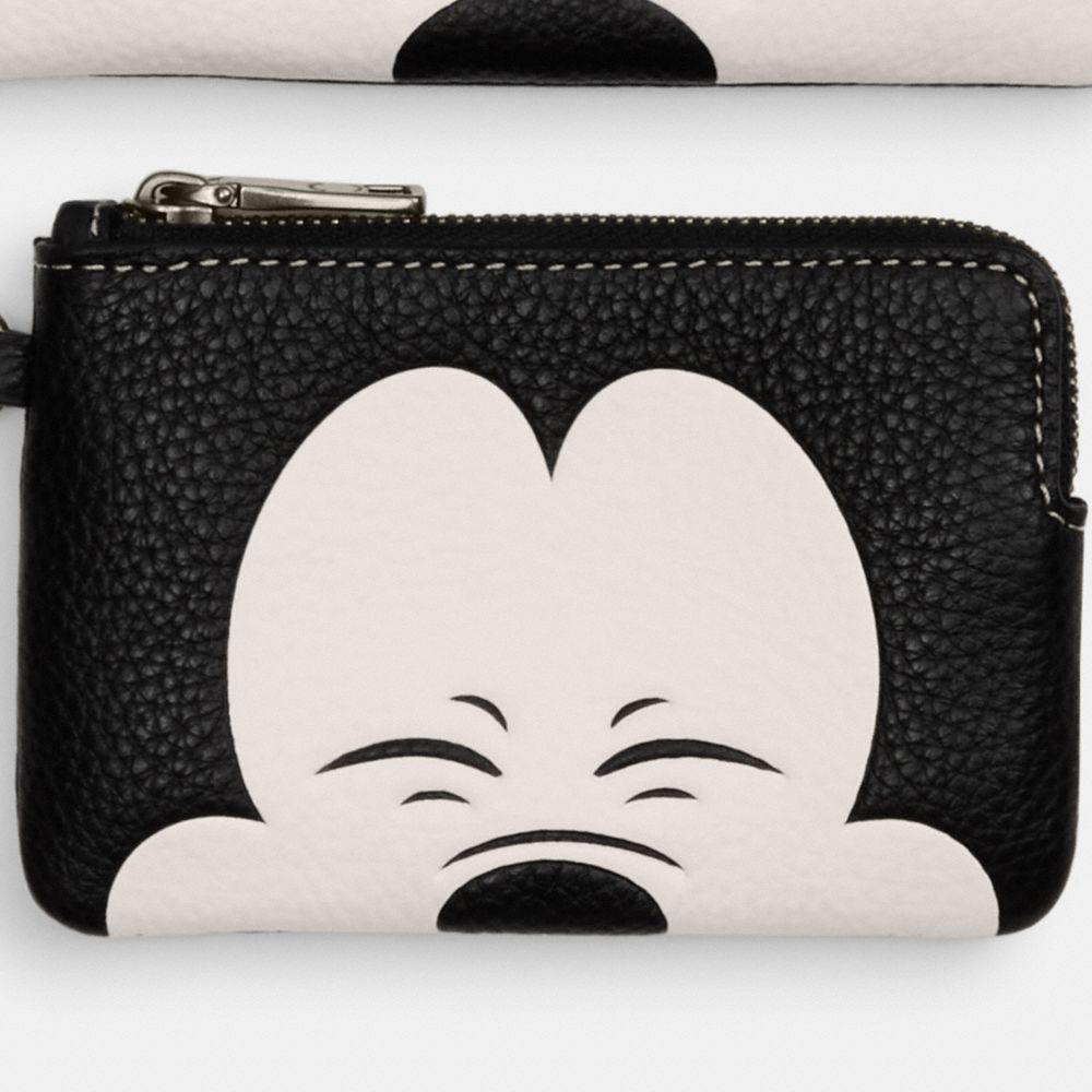 COACH®,DISNEY X COACH CORNER ZIP TRIO WITH MICKEY MOUSE FACES,Novelty Leather,Mini,Gunmetal/Black Multi