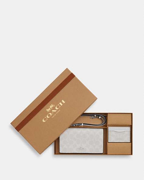 COACH®,BOXED ANNA FOLDOVER CLUTCH CROSSBODY AND CARD CASE SET IN SIGNATURE CANVAS,Coated Canvas,Mini,Silver/Chalk/Glacier White Multi,Front View