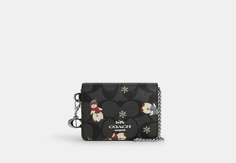 COACH®,BOXED MINI WALLET ON A CHAIN IN SIGNATURE CANVAS WITH SNOWMAN PRINT,Coated Canvas,Mini,Silver/Graphite/Black Multi,Front View