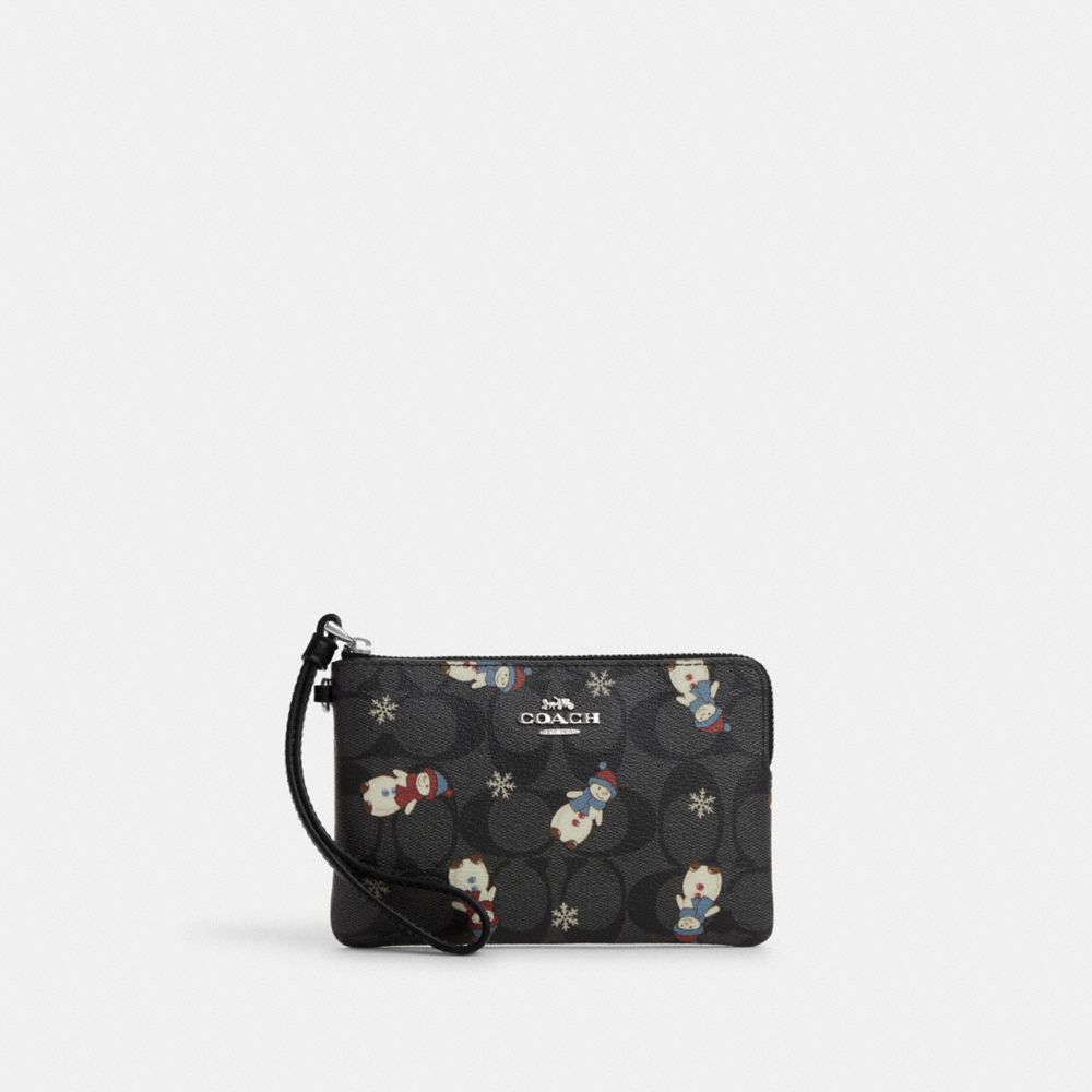 COACH®,BOXED CORNER ZIP WRISTLET IN SIGNATURE CANVAS WITH SNOWMAN PRINT,Signature Canvas,Mini,Silver/Graphite/Black Multi,Inside View,Top View