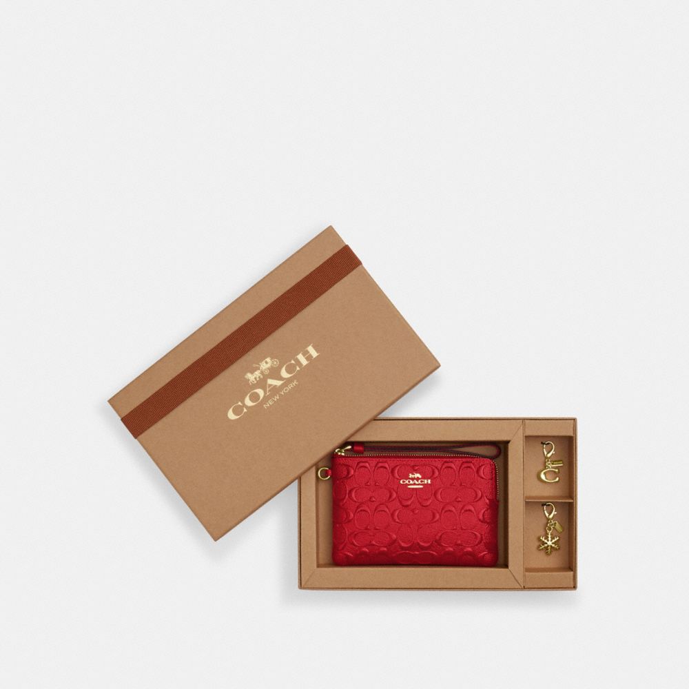 COACH®,BOXED CORNER ZIP WRISTLET IN SIGNATURE LEATHER,Embossed Leather,Mini,Gold/Electric Red,Front View