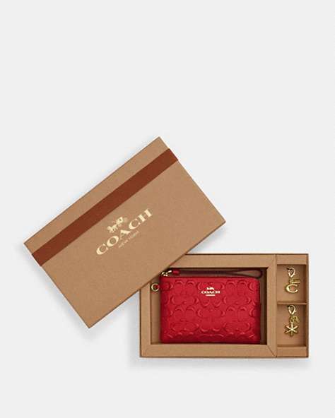 COACH®,BOXED CORNER ZIP WRISTLET IN SIGNATURE LEATHER,Embossed Leather,Mini,Gold/Electric Red,Front View