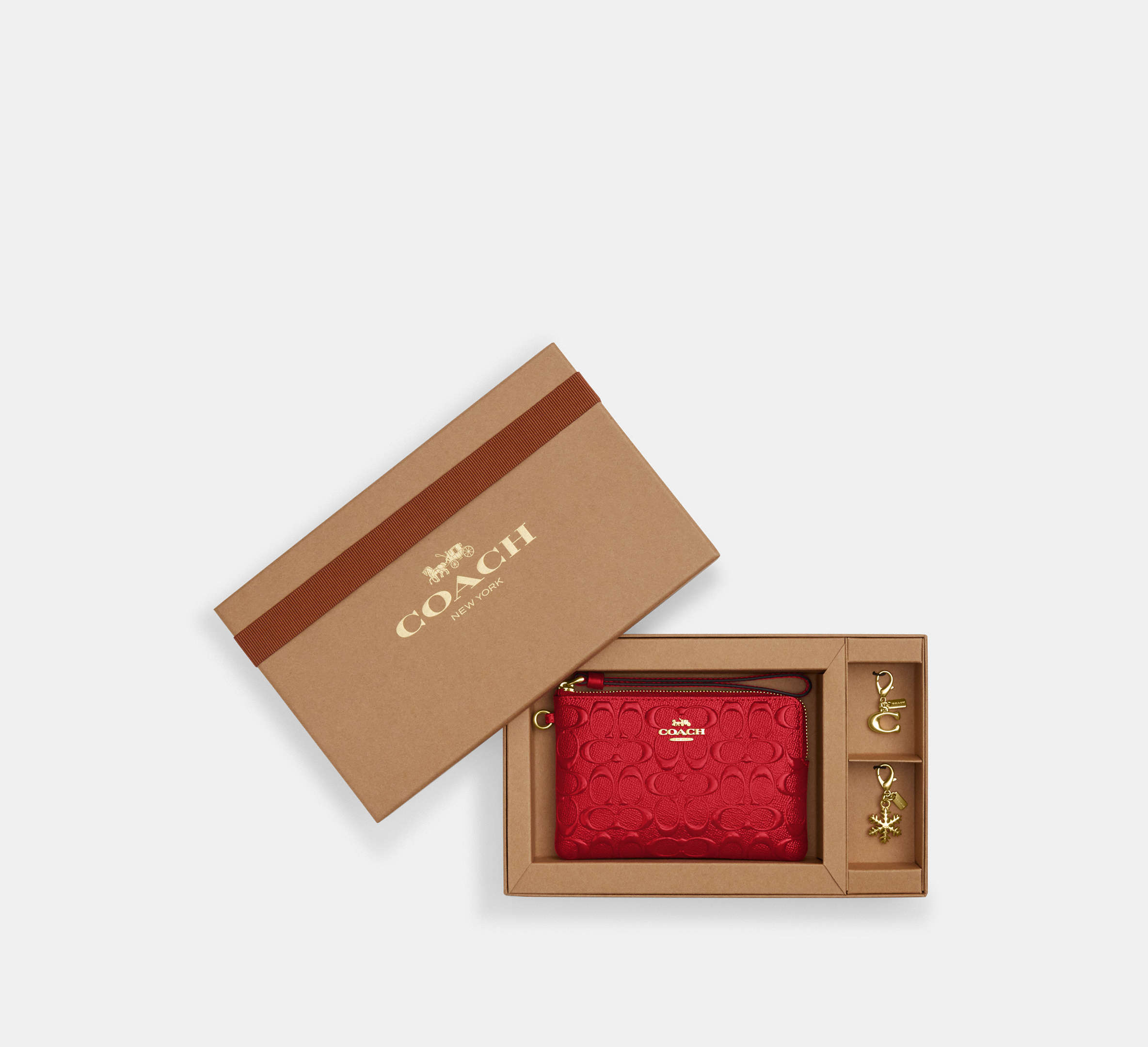 COACH®,BOXED CORNER ZIP WRISTLET IN SIGNATURE LEATHER,Embossed Leather,Mini,Gold/Electric Red,Front View