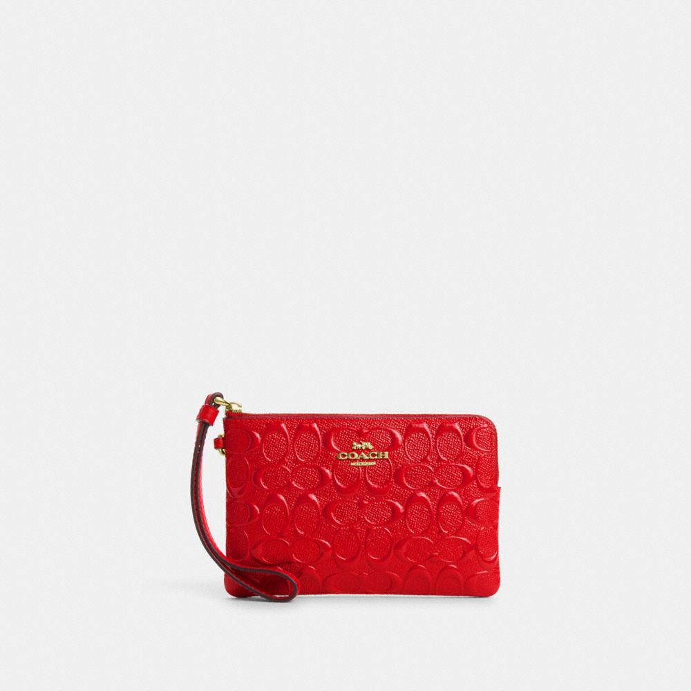 COACH®,BOXED CORNER ZIP WRISTLET IN SIGNATURE LEATHER,Novelty Leather,Mini,Gold/Electric Red,Inside View,Top View
